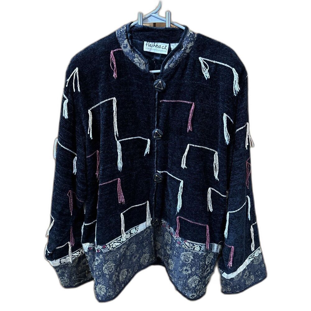 Flashback Jacket Women XL Art To Wear Bohemian Embellished Fringe Pockets